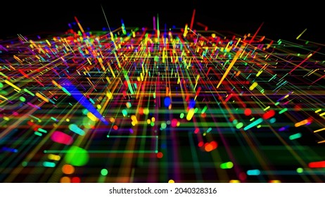 3d Render. Sci-fi Bg Of Glow Multicolor Particles Form Lines Like Electrical Circuit Or Microcircuit. Beautiful Bokeh Light Effects, Dof. Abstract Bg As Technological Concept With Many Lines And Nodes