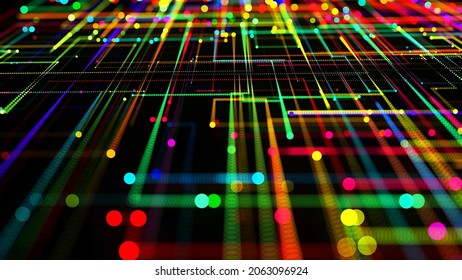 3d Render. Sci-fi Bg Of Glow Multicolor Particles Form Lines Like Electrical Circuits Or Microcircuits. Beautiful Bokeh Light Effects, Dot. Abstract Bg As A Technological Concept With Many Lines And Nodes