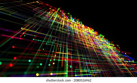 3d Render. Sci-fi Bg Of Glow Multicolor Particles Form Lines Like Electrical Circuit Or Microcircuit. Beautiful Bokeh Light Effects, Dof. Abstract Bg As Technological Concept With Many Lines And Nodes