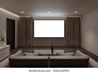 3d render screen mockup cozy minimalist movie room
