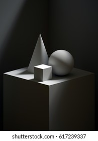 3d render, sculptural primitive shapes, still life, simple art blocks, cone, ball, cylinder, cube, classical art, dramatic light and shadow