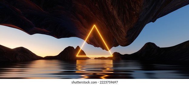 3d render, seascape with cliffs, water reflections and yellow neon triangle.Sacred geometry concept. Modern minimal abstract background. Spiritual zen wallpaper with sunset or sunrise light