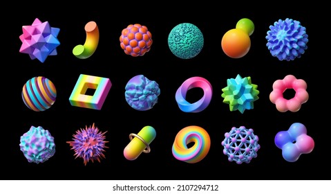 3d render. Set of abstract objects, geometric shapes, assorted signs and symbols, clip art isolated on black background.