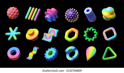 3d render. Set of abstract objects, geometric shapes, assorted signs and symbols, clip art isolated on black background.