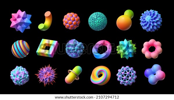3d\
render. Set of abstract objects, geometric shapes, assorted signs\
and symbols, clip art isolated on black\
background.
