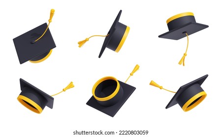 3D render set of academic hat in different positions isolated on white background. Black graduate cap with golden tassel flying in air. School, college, university graduation ceremony. 3D Illustration