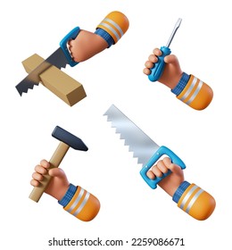 3d render, set of cartoon human arms holding building tools: hammer, screwdriver, saw. Carpenter renovation service clip art isolated on white background