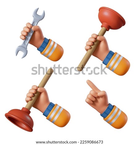 3d render, set of cleaning and housekeeping clip art isolated on white background. Cartoon human arm holds plunger and spanner wrench. Professional plumber. Toilet cleaning service icon