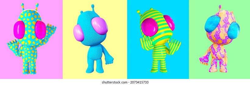 3d render set creative funny Aliens. Cosmic trendy vibes
