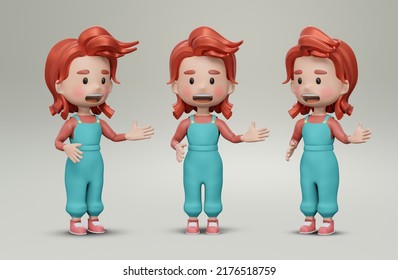 3D Render , Set Of Cute Girl ,  Cartoon Character Girl ,  Woman Greeting Gesture , Bib Overalls Girl  