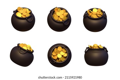 3d Render Set Of Pot Of Gold. Leprechaun Pot.