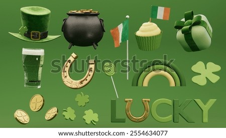 3D render set of vibrant St. Patrick's Day holidays elements including gold coins, green hats and festive clovers. Copy space background to promote Irish culture and seasonal celebrations.