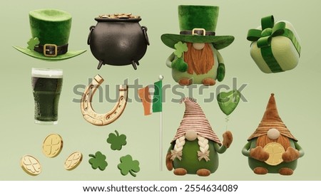 3D render set of vibrant St. Patrick's Day holidays elements - gold coins, green hats, festive clovers and gnomes. Background with copy space to promote Irish culture and seasonal celebrations.