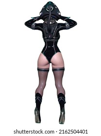 3D render sexy anime space astronaut woman.Futuristic extravagant black latex clothing space suit stocking and helmet.Comic cosplay hero.Cartoon, comics, manga illustration.Conceptual fashion art