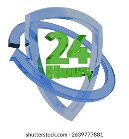 3d render shield icon with text 24 hours. concept of protection all the time. for health or anti virus