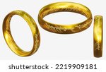 3D render. Shiny golden ring with engraved magic written and ancient power. Translation: "One Ring to rule them all, One Ring to find them, One Ring to bring them all and in the darkness bind them."