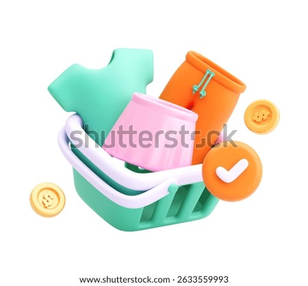 3D render of a shopping basket filled with clothes, coins, and a check mark icon. Isolated on a clean white background, perfect for online shopping, e-commerce, and retail concepts.