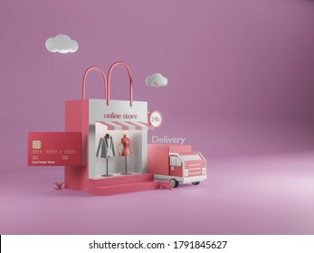 3d Render - Shopping Online Concept Shopping Bag With Credit Card And Delivery Service.