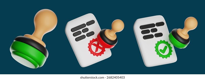 3d render showing documents being approved and rejected with rubber stamps and check marks