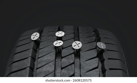 3D Render showing a screw piercing tire in close-up. Ideal for illustrating car safety, accidents, or mechanical failure.