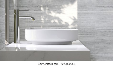 3D Render Side View Close Up Modern White Porcelain Ceramic Wash Basin With Shiny Stainless Steel Faucet On Empty Clean Bathroom Vanity Marble Counter Top. Sunlight And Foliages Shadow On Granite Wall