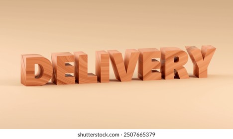 3d render sign delivery made by wood and beige background. Simple minimalism concept. 3D Illustration