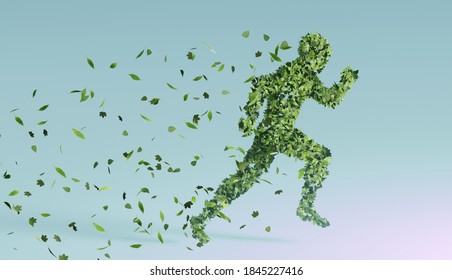 3D render of the silhouette of man running made of green leaves leaving a trail of leaves behind him. Conceptualization of sustainability, nature, ecological activism and green economy on the rise