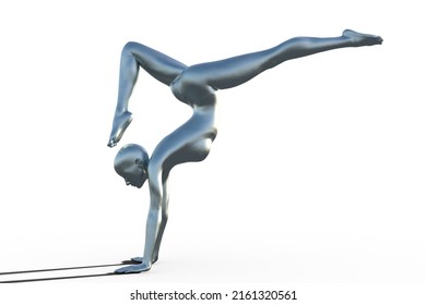 3D Render Of A Silver Bald Female Gymnast On A White Background Doing A Handstand. 