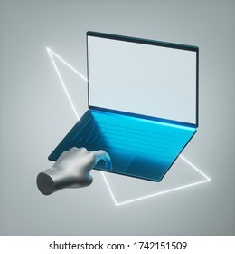 3d render silver hand pressing button of blue metallic notebook laptop. Electronic device isolated on gray background, soft white neon light triangular shape. Virtual reality, futuristic technology
