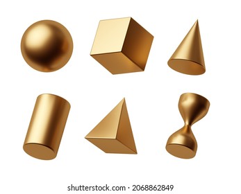 3d Render, Simple Geometric Shapes, Primitives And Abstract Objects. Collection Of Golden Design Elements, Isolated On White Background