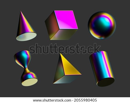3d render, simple iridescent geometric shapes, primitives and abstract objects. Collection of colorful metallic design elements, isolated on dark grey background