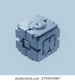 3D render of a single futuristic metallic cube floating in the air. Sci-fi macro background with soft bokeh. Minimalist concept of advanced microchip, quantum hardware and future digital technology.