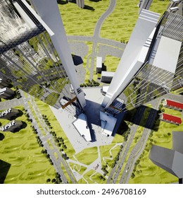 3d render of skyscrapers and top view buildings