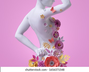 3d Render, Slim Female Body Back View, White Mannequin Decorated With Colorful Paper Flowers, Woman Silhouette Isolated On Pink Background. Fashion Floral Dress Concept. Modern Botanical Sculpture