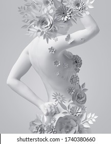3d render, slim woman body back view, mannequin decorated with white paper flowers, woman silhouette isolated on white background. Fashion wedding floral dress. Modern botanical sculpture