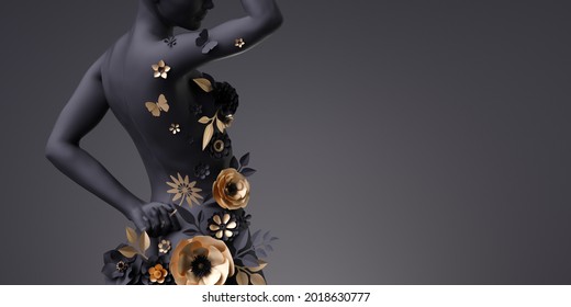 3d render, slim woman body back view, mannequin decorated with golden paper flowers, female silhouette isolated on black background. Fashion floral dress. Modern botanical sculpture