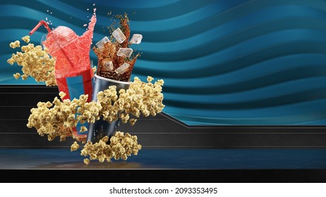 3d render of a slushy, cup of soda, surrounded by a spiral of popcorn on the left side of the screen