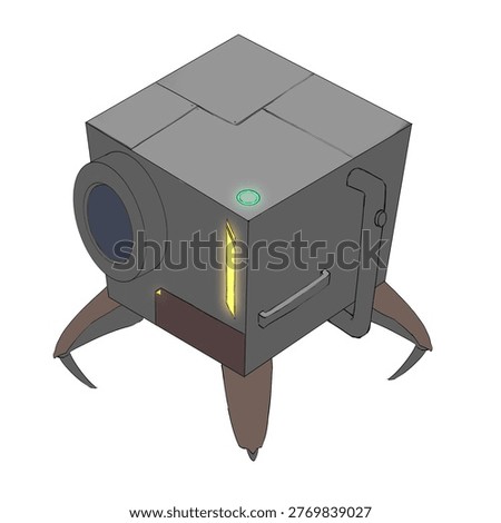 3d render of a small cube robot with tripod legs, camera lens front, glowing indicator lights, and side handle, isolated on black background.