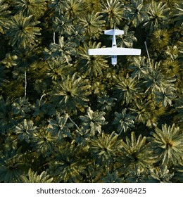 3D render of a small light aircraft flying over a lush tropical forest with palm trees.