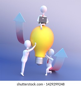 3D Render of small people with a lamp in his hands working for their goal . Fresh ideas, joint actions concept of people's for Business Corporate.