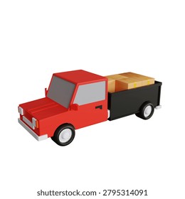 A 3D render of a small red pickup truck carrying cardboard boxes on a white background.