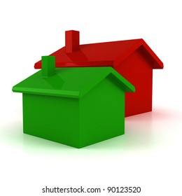 3d Render Of Small Simple Green House And Big Red House On White