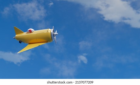 3D render of small yellow airplane flying in the blue sky. Place for your text, design, iamge, texting, lettering or banner