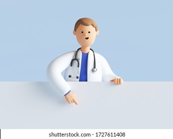3d render, smart doctor cartoon character wearing uniform and stethoscope, pointing finger down, medical background, blank banner, mockup with copy space.