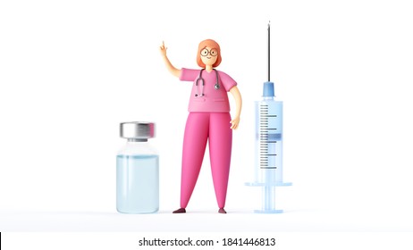 3d render, smart doctor cartoon character, medical clip art isolated on white background. Woman wears pink uniform and glasses, stands between the glass bottle and big syringe. Vaccination concept