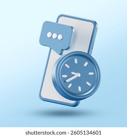 3D render of a smartphone with a blue clock and speech bubble, symbolizing time-sensitive messaging, communication scheduling, or timely mobile notifications.