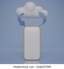 3D render smartphone with cloud and reversible arrows. Mobile phone connected to the cloud.Cloud computing concept.