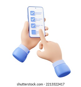 3d Render Smartphone In Hands With Finger Fill Online Survey Or Test Form On Screen. Phone And Forefinger Touching Check Box Buttons, Isolated Illustration On White Background In. 3D Illustration