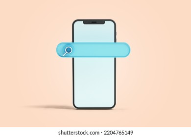 A 3d render of a Smartphone isolated on light background with a search bar with copy space