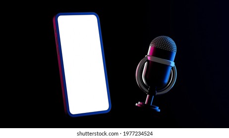 3d Render Of Smartphone Microphone With Podcast Concept For Your Mockup